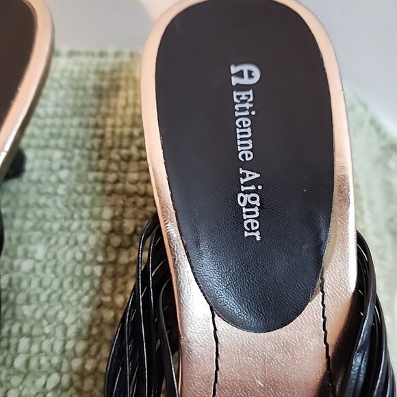 Etienne Aigner Black Kitten Heel Sandals Slip On Woven Strap Mules Sz 10 - Picture 3 of 7